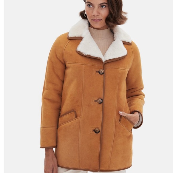 UK Washed Tan Shearling Sheepskin Jacket, Luxury Leather Women's Jacket - Picture 2 of 11